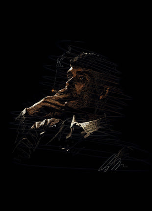 A Thought in Amber: depicts a suited man in side profile with a hand raised near his mouth.
