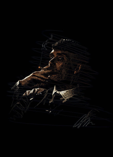 A Thought in Amber: depicts a suited man in side profile with a hand raised near his mouth.