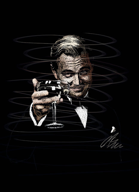 Tuxedoed man holding a champagne coupe toward the viewer, rendered in pale scribble lines on black.