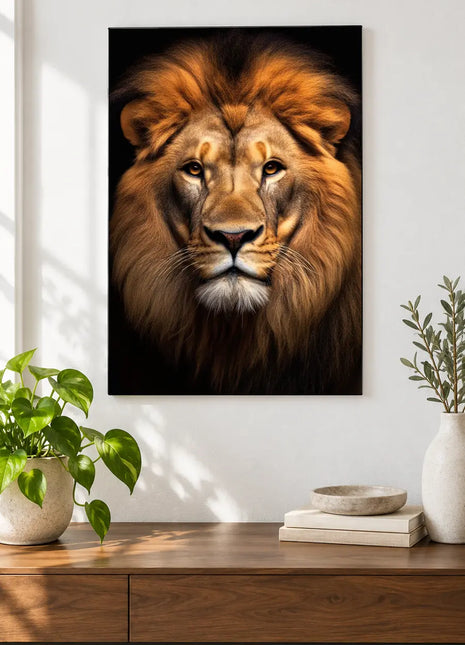 Golden Mane Watch lion artwork shown as a frameless acrylic print above a walnut console against a white wall.