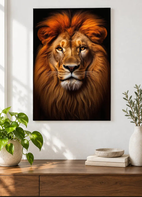 Lion artwork "Copper-Crowned Lion" shown as a frameless acrylic print above a walnut console against a white wall.