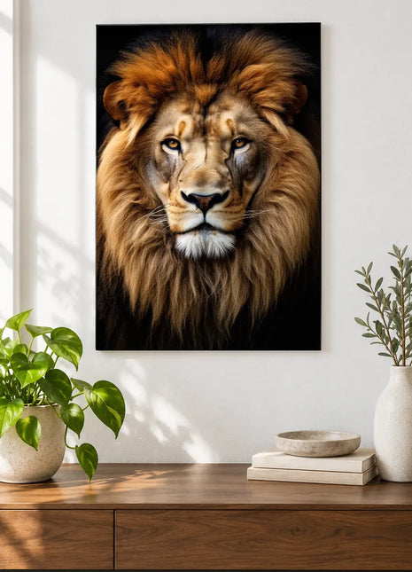 Lion artwork "Tawny-Maned Lion" shown as a frameless acrylic print above a walnut console against a white wall.
