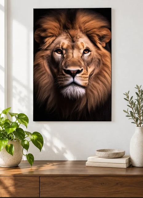 Lion artwork "The Mane Attraction" shown as a frameless acrylic print above a walnut console against a white wall.