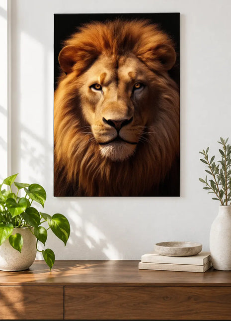 Lion artwork "Amber-Lit Lion" shown as a frameless acrylic print above a walnut console against a white wall.