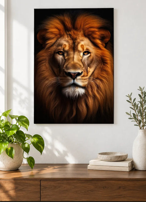 Lion artwork "Big Hair, Big Cat" shown as a frameless acrylic print above a walnut console against a white wall.