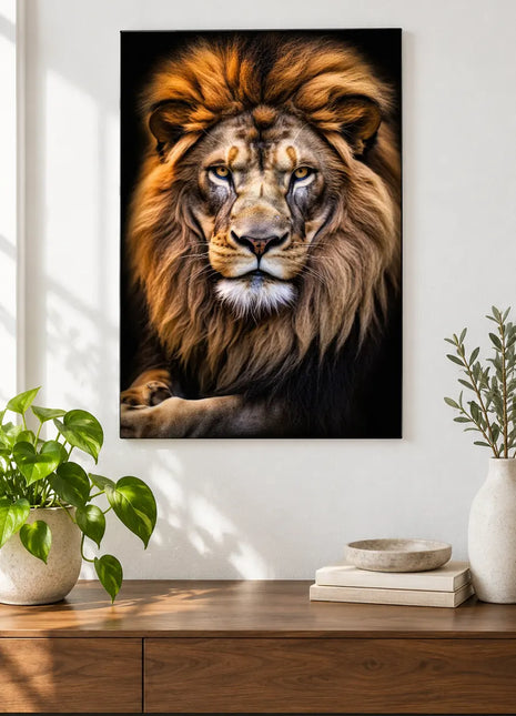 Lion artwork "Just Lion Around" shown as a frameless acrylic print above a walnut console against a white wall.
