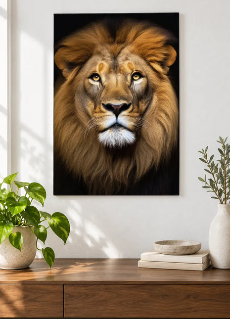 Lion artwork "The Gentle Mane" shown as a frameless acrylic print above a walnut console against a white wall.
