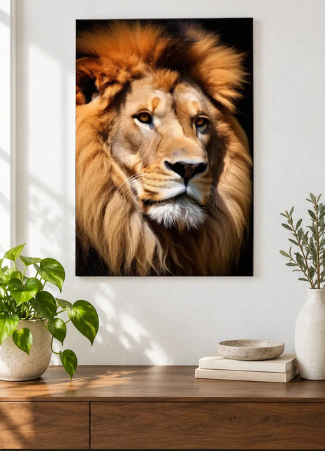 Lion artwork "King of the Side-Eye" shown as a frameless acrylic print above a walnut console against a white wall.
