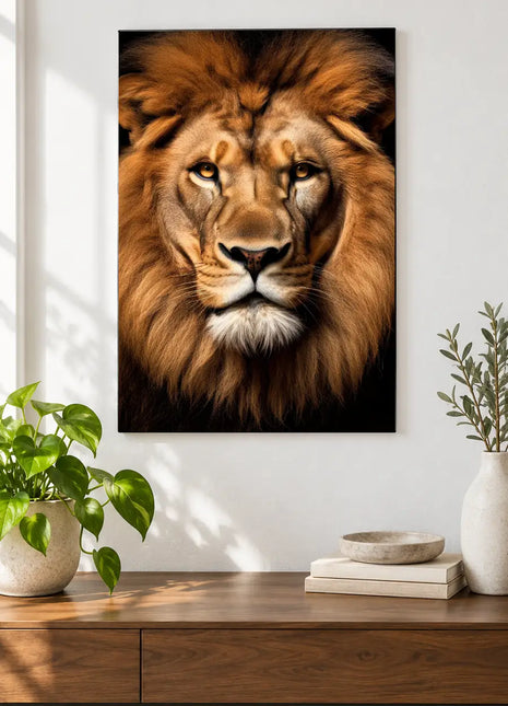 Lion artwork "The Mane Event" shown as a frameless acrylic print above a walnut console against a white wall.