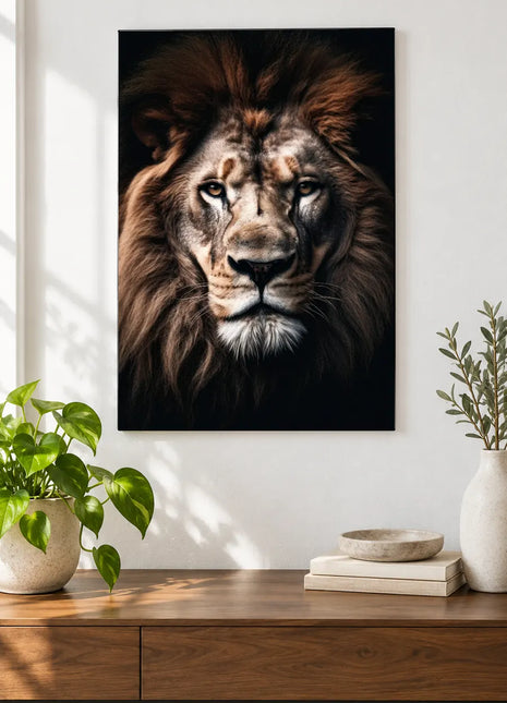 Lion artwork "Silver Lining Lion" shown as a frameless acrylic print above a walnut console against a white wall.