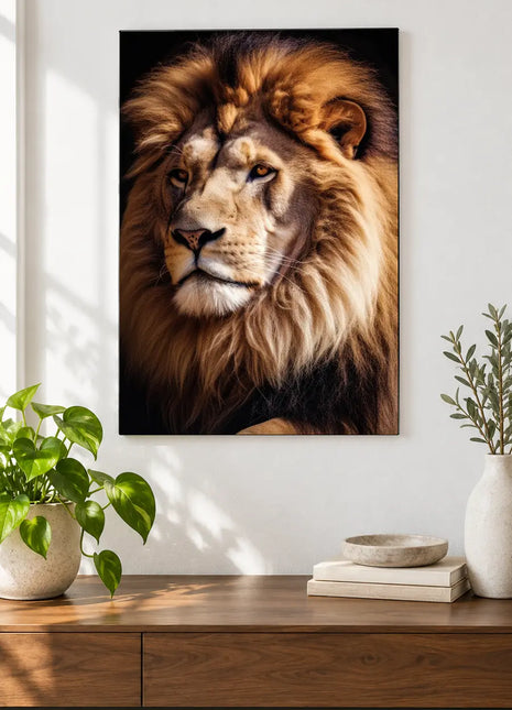 Lion artwork "Whiskers in the Wings" shown as a frameless acrylic print above a walnut console against a white wall.