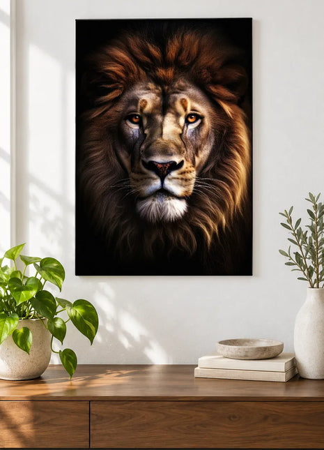 Lion artwork "Quiet Command" shown as a frameless acrylic print above a walnut console against a white wall.