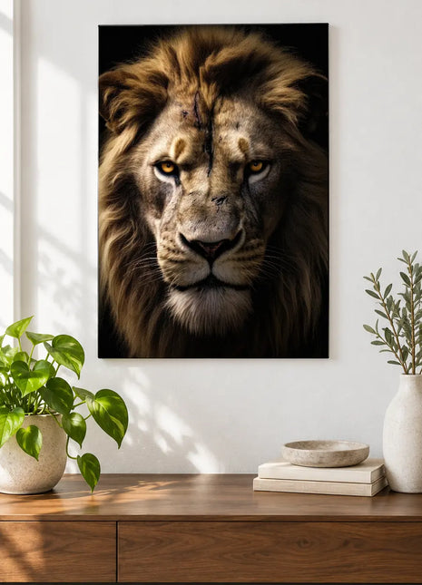 Lion artwork "Still the Boss" shown as a frameless acrylic print above a walnut console against a white wall.