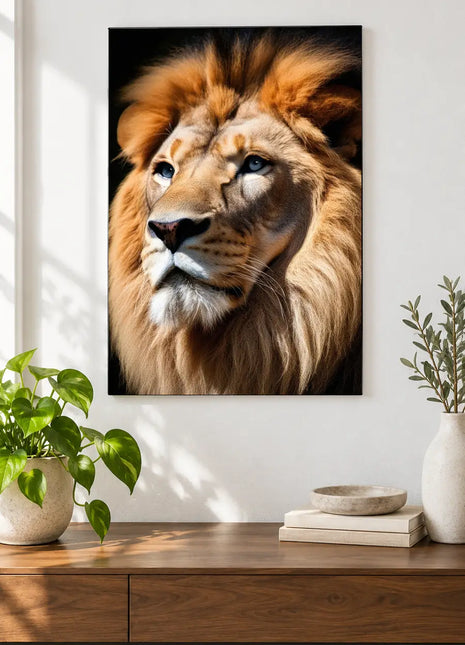 Lion artwork "What's Up, Big Cat?" shown as a frameless acrylic print above a walnut console against a white wall.