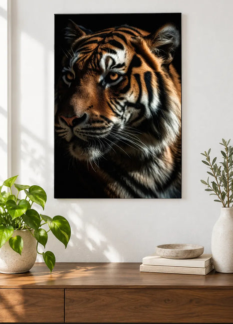 Tiger artwork "Stripe-Side Story" shown as a frameless acrylic print above a walnut console against a white wall.