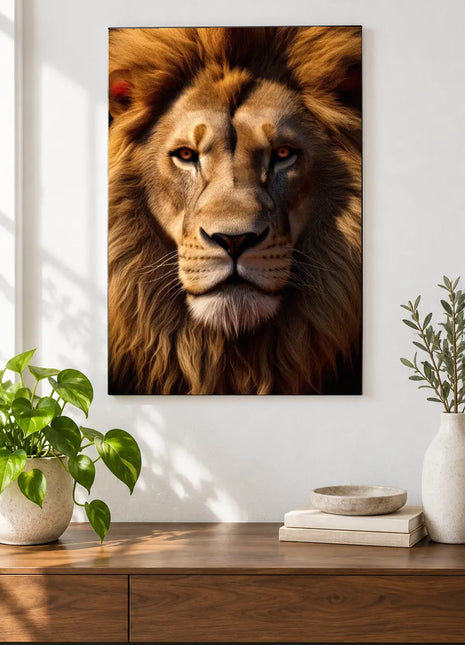 Lion artwork "Face the Mane" shown as a frameless acrylic print above a walnut console against a white wall.