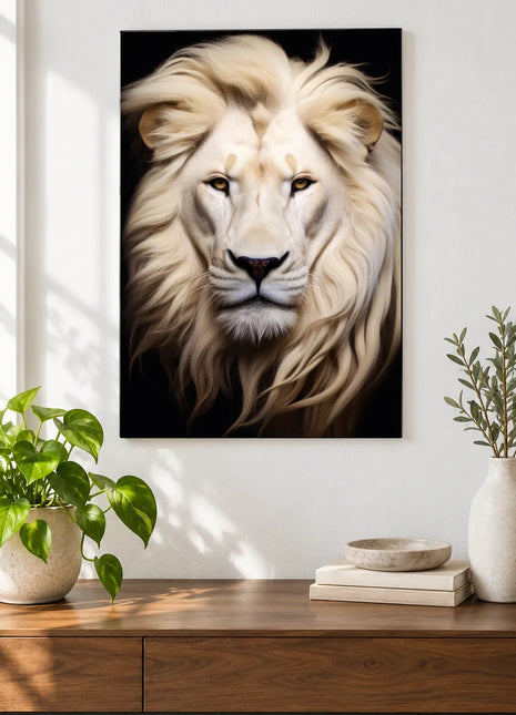 Lion artwork "Ivory Waves" shown as a frameless acrylic print above a walnut console against a white wall.