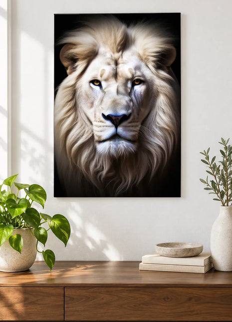 Lion artwork "Lion in the Limelight" shown as a frameless acrylic print above a walnut console against a white wall.