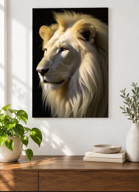 Lion artwork "Pale and Interesting" shown as a frameless acrylic print above a walnut console against a white wall.