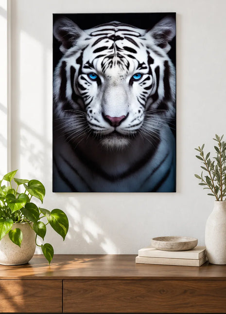 Tiger artwork "Ice-Eyed Icon" shown as a frameless acrylic print above a walnut console against a white wall.