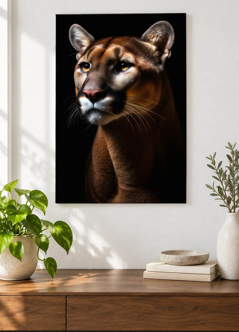 Cougar artwork "Cougar on the Lookout" shown as a frameless acrylic print above a walnut console against a white wall.