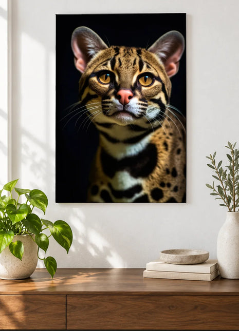 Ocelot artwork "Spots Before Your Eyes" shown as a frameless acrylic print above a walnut console against a white wall.