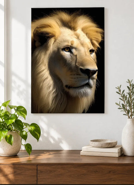 Lion artwork "A Crown with a View" shown as a frameless acrylic print above a walnut console against a white wall.