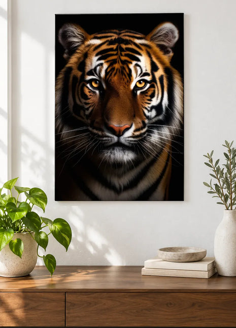 Tiger artwork "Stripes on Watch" shown as a frameless acrylic print above a walnut console against a white wall.