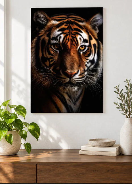 Tiger artwork "Copper Cat Confidential" shown as a frameless acrylic print above a walnut console against a white wall.