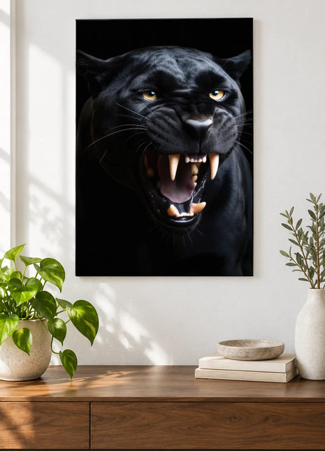 Black panther artwork "Say It with Fangs" shown as a frameless acrylic print above a walnut console against a white wall.