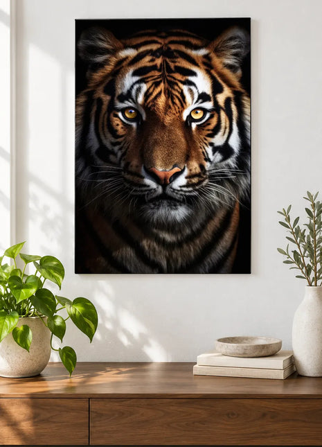 Tiger artwork "Tiger, Front and Center" shown as a frameless acrylic print above a walnut console against a white wall.