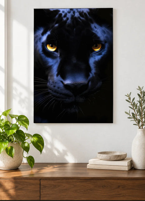 Black panther artwork "Blue Notes, Bright Eyes" shown as a frameless acrylic print above a walnut console against a white wall.