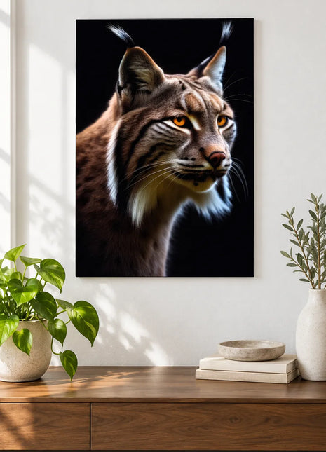 Lynx artwork "Ear to the Wild" shown as a frameless acrylic print above a walnut console against a white wall.