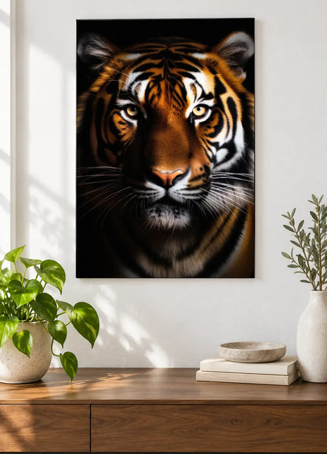 Tiger artwork "The Stripe Line" shown as a frameless acrylic print above a walnut console against a white wall.