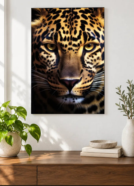 Spotted big cat artwork "Spot Check" shown as a frameless acrylic print above a walnut console against a white wall.