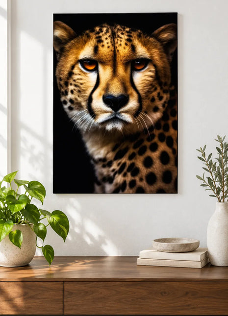 Cheetah artwork "Cheetah at Ease" shown as a frameless acrylic print above a walnut console against a white wall.