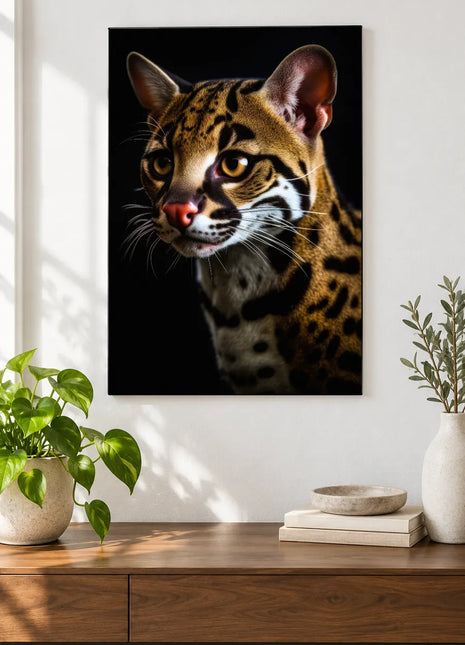 Ocelot artwork "All Ears and Spots" shown as a frameless acrylic print above a walnut console against a white wall.