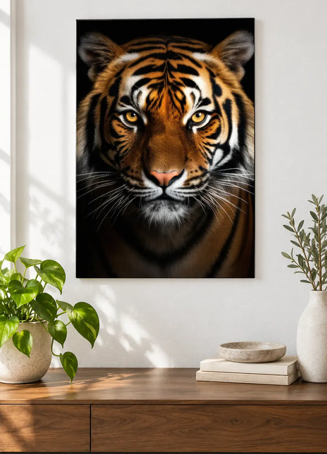 Tiger artwork "Brow of the Tiger" shown as a frameless acrylic print above a walnut console against a white wall.