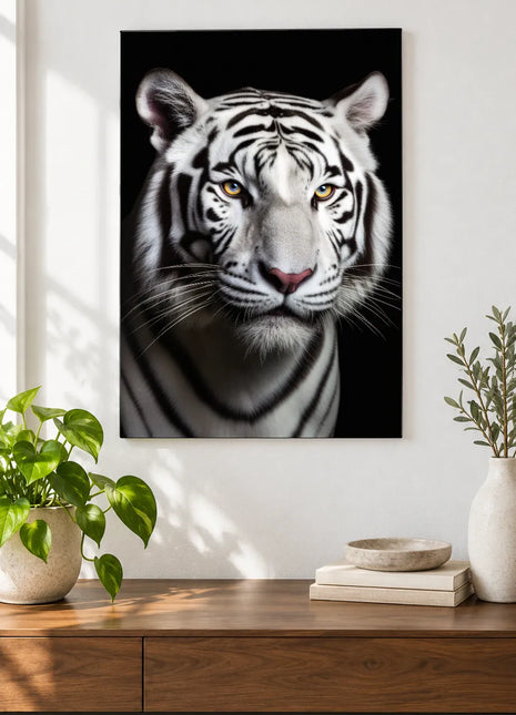 Tiger artwork "Stripes on Ice" shown as a frameless acrylic print above a walnut console against a white wall.