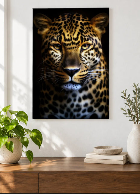 Spotted big cat artwork "Spotted in Silver" shown as a frameless acrylic print above a walnut console against a white wall.
