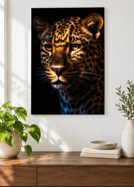 Spotted big cat artwork "A Side of Spots" shown as a frameless acrylic print above a walnut console against a white wall.