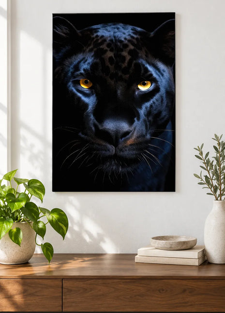 Black panther artwork "Sapphire in the Shadows" shown as a frameless acrylic print above a walnut console against a white wall.