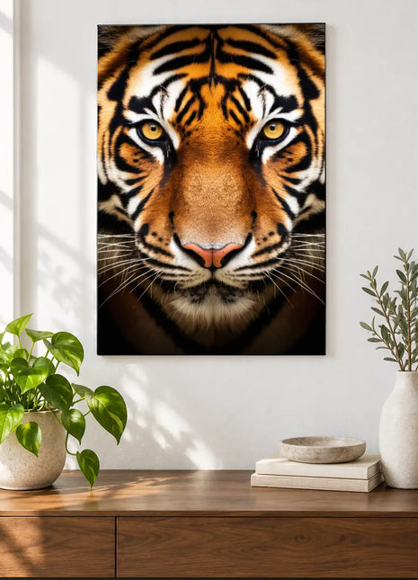 Tiger artwork "In Your Stripes" shown as a frameless acrylic print above a walnut console against a white wall.
