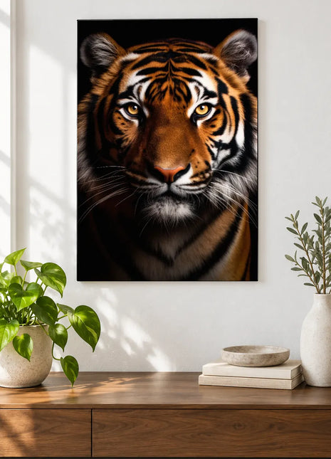 Tiger artwork "A Tilt of Tiger" shown as a frameless acrylic print above a walnut console against a white wall.