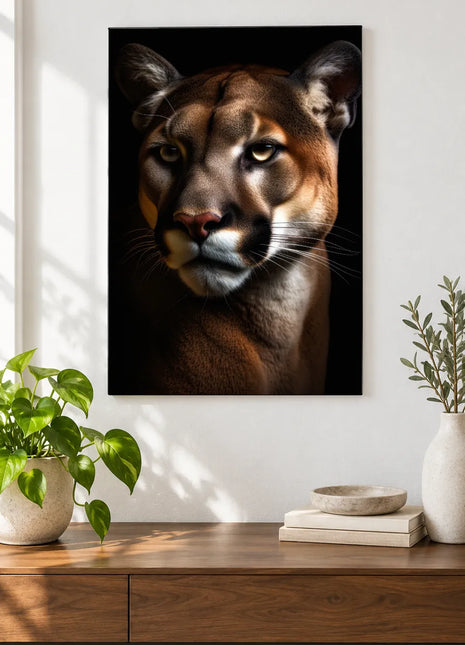 Cougar artwork "Cougar Cool" shown as a frameless acrylic print above a walnut console against a white wall.