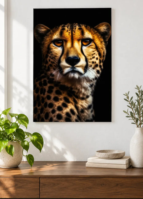 Cheetah artwork "Shoulder Full of Spots" shown as a frameless acrylic print above a walnut console against a white wall.