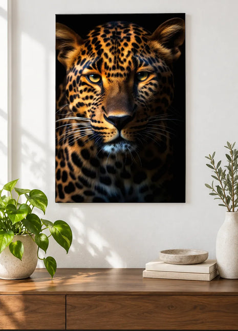 Spotted big cat artwork "Spot-On Sunshine" shown as a frameless acrylic print above a walnut console against a white wall.