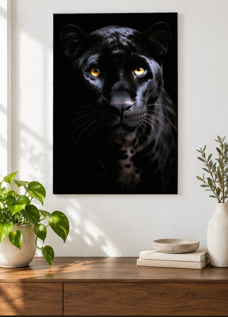 Black panther artwork "Panther in a Low Key" shown as a frameless acrylic print above a walnut console against a white wall.