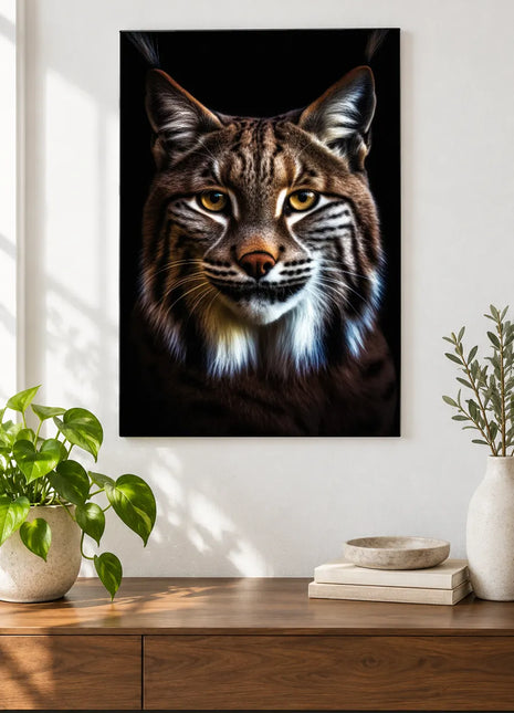 Lynx artwork "Tufted and Unbothered" shown as a frameless acrylic print above a walnut console against a white wall.