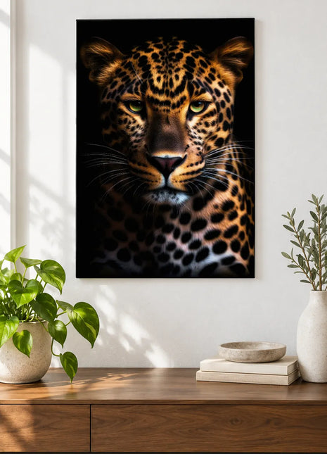Spotted big cat artwork "The Emerald Lookout" shown as a frameless acrylic print above a walnut console against a white wall.